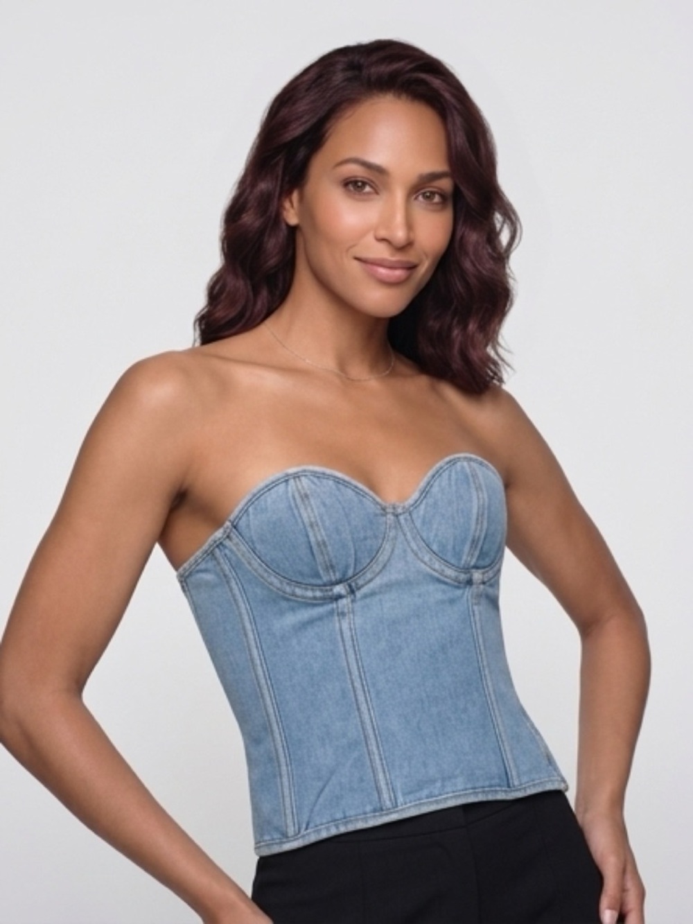 Light Wash Denim Bustier Top - Women's Strapless Corset